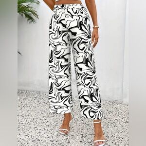 Boho Marble Print Wide Leg Pants, Casual High Waist Loose Pants